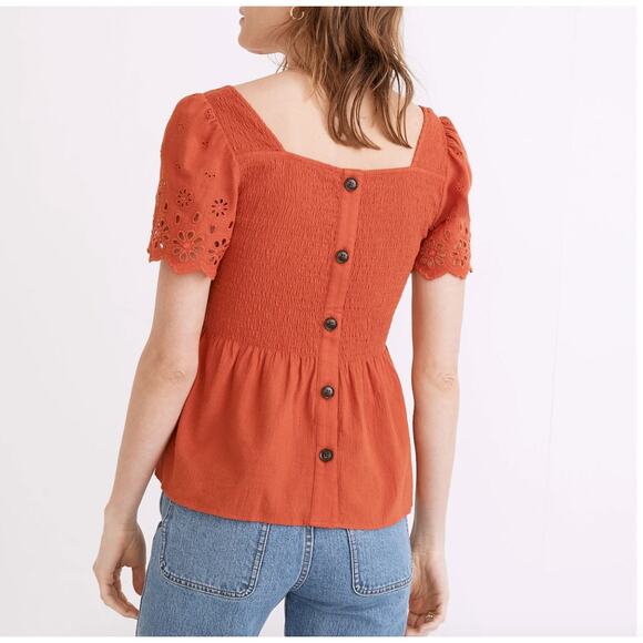 Madewell Rust Eyelet-Sleeve Lucie Smocked Peplum Top Size Large - Picture 1 of 8